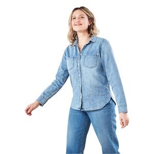Quince‎ Denim Shirt Women’s Size Small Distressed Blue Long Sleeve Button Down